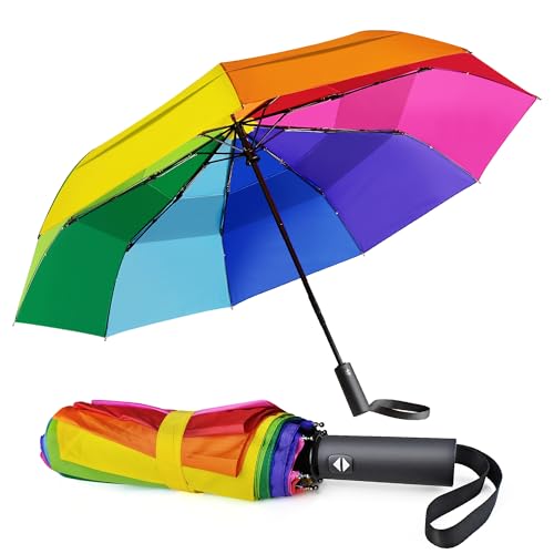 Sublibelief Rainbow Umbrella Folding for Adults - Double Canopy Vented Windproof Automatic Folding Travel Umbrella Rainbow Compact for Rain&Sun
