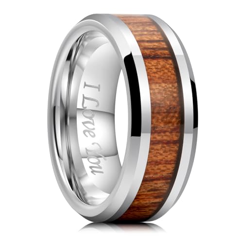 Image of King Will Nature Koa Wood Inlay Tungsten Carbide Wedding Ring 8mm Silver /Black /Gold /Green /Rose Gold /Blue Wedding Band for Men High Polished Anniversary Rings Comfort Fit Size 6-15