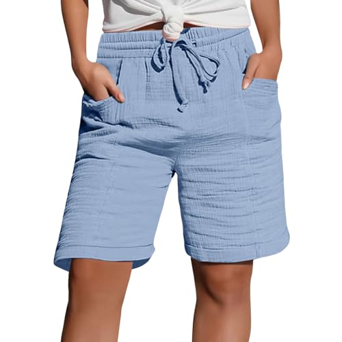 Pantalones cortos de lino para mujer, color liso, cordón con bolsillos, cintura elástica, holgados, casuales, ropa de verano, pantalones cortos de algodón para caminar, azul celeste, S