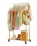 Sakugi Clothes Rail - Double-Rod Rustproof Clothes Rack with Anti-Slip Stoppers, Shoes Shelf and Hooks, Multifunctional Hanging Rack for Laundry, Entryway, Bedroom, Shop, 73 x 42 x 150 cm, Gold