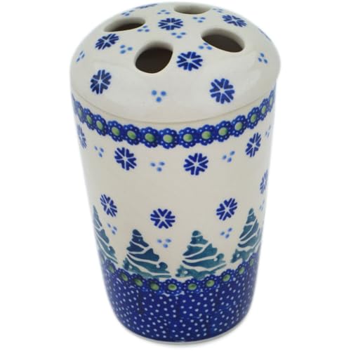 Authentic Polish Pottery Toothbrush Holder in Falling Snowflakes Design Handmade in Boles?awiec Poland + Certificate of Authenticity