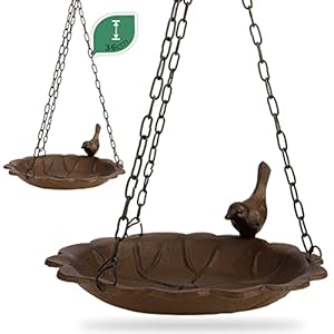 WILDLIFE FRIEND Hangend vogelbad van gietijzer, waterrozenblad met vogel, vorstbestendig, vogelvoederdispenser voor wilde vogels in de tuin, balkon
