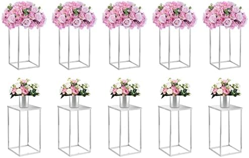 Nuptio Wedding Centerpieces for Tables - 10 Pcs 15.7 inch Tall Silver Vases for Centerpieces - Flower Stand for Wedding Centerpiece Table Decorations - Metal Vase Column Stand for Party Decorations