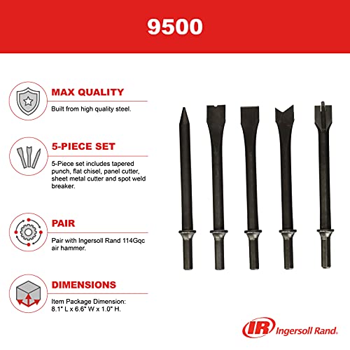 Ingersoll Rand 9500 Chisel Bit Kit For 114Gqc Edge Series Air Hammer, 5 Piece Set Includes Tapered Punch, Flat Chisel, Panel Cutter, Sheet Metal Cutter, Spot Weld Breaker #TOP2