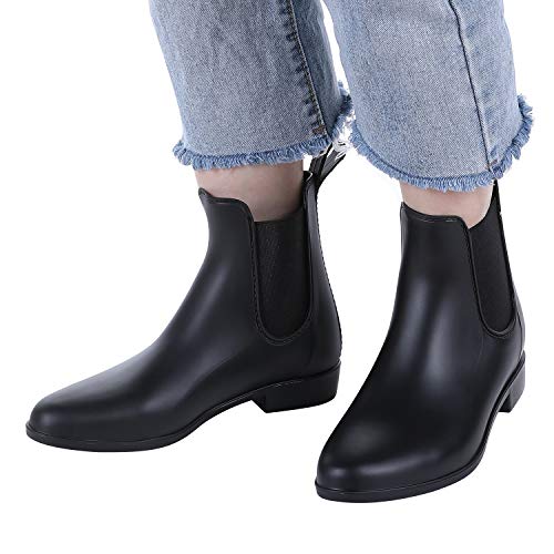 Evshine Women's Short Ankle Rain Boots Lightweight Chelsea Rain Boots Rubber Waterproof Booties, Matte Black (Eu41 #TOP6