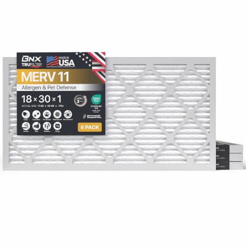 Image of BNX TruFilter 18x30x1 Air Filter MERV 11 (4-Pack) - MADE IN USA - Allergen Defense Electrostatic Pleated Air Conditioner HVAC AC Furnace Filters for Allergies, Dust, Pet, Smoke, Allergy MPR 1200 FPR 7
