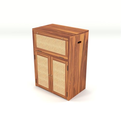 Image of PS DECOR Solid Sheesham Wood Battery Cabinet with Cane Doors | Wooden Inverter Battery Storage Cabinet | Handcrafted UPS Battery Stand with Rattan Panels