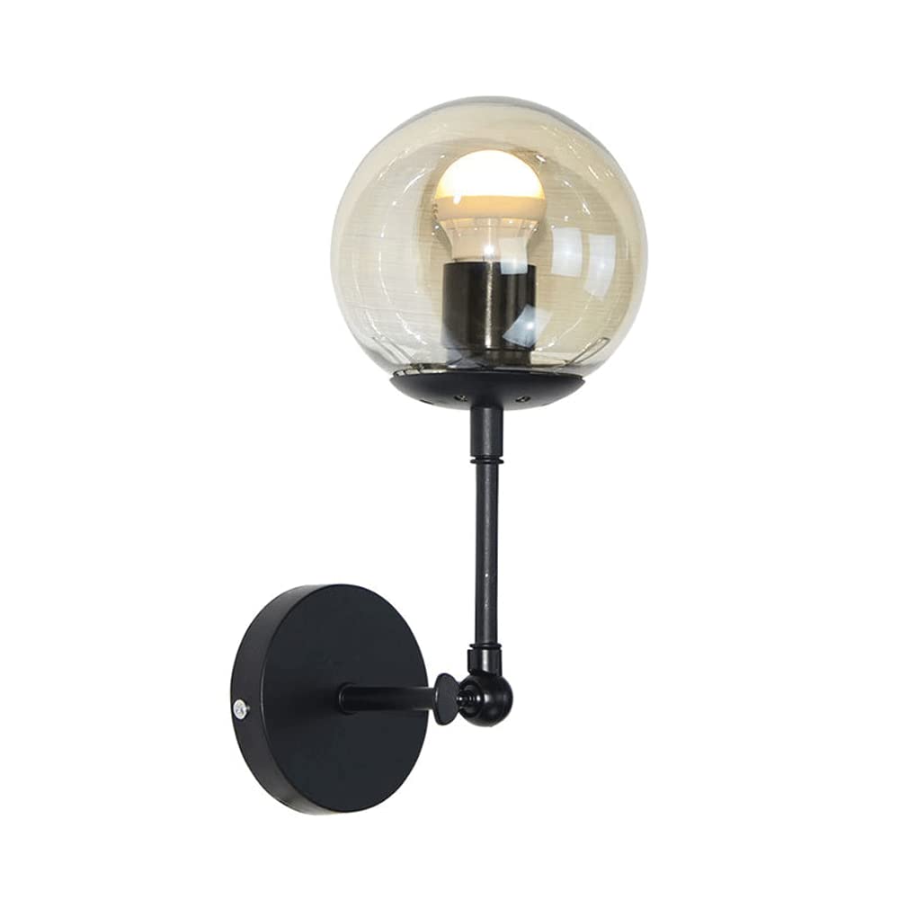 CWCQGH Wall Sconces, Retro Industrial Wall Light, Adjustable Long Swing Arm, Metal Wall Sconce with Glass Ball Shade Wall Lamp, Bedroom Bedside Industrial Wall Lights, Black Globe Wall Lamps E27