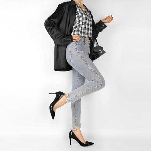 Women's Stiletto Heels Pointed Toe Pumps Slip-on Heels Simple Classic Dressy Heels for Date Event 3.4" Black Patent Leather US Size 8.54