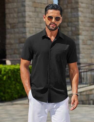 Image of COOFANDY Men's Linen Shirts Short Sleeve Button Down Shirt Casual Summer Beach Shirts with Pocket