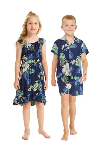 Matching Hawaiian Luau Sibling Boy Girl Wrap Dress Aloha Shirt in Pineapple Garden Navy