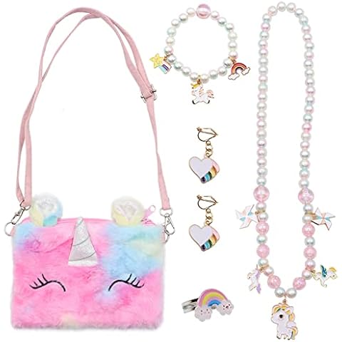 ZOCONE 6 PCS Unicorn Jewellery Sets, with Unicorn Bracelets Necklace Rainbow Rings Unicorn Bag, Kids Jewellery Sets for Girls Unicorn Jewellery for Girls Princess Dress Up Jewelry Party Cover