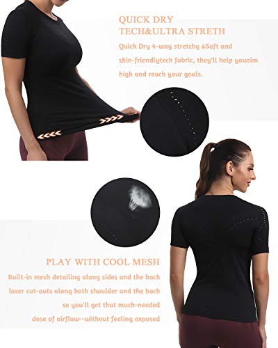 Running Girl Seamless Workout Shirts For Women Dry-Fit Short Sleeve T-Shirts Crew Neck Stretch Yoga Tops Athletic Shirts (2443Black, S) #TOP2