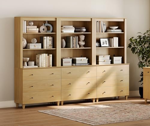 WAMPAT 71" Tall Bookcase with 9 Drawers & Open Shelves, 3 Column Modern 3-Tier Bookshelf with Adjustable Shelf, 106" Wide Wooden Display Book Shelf for Home Office, Living Room, Bedroom, Oak