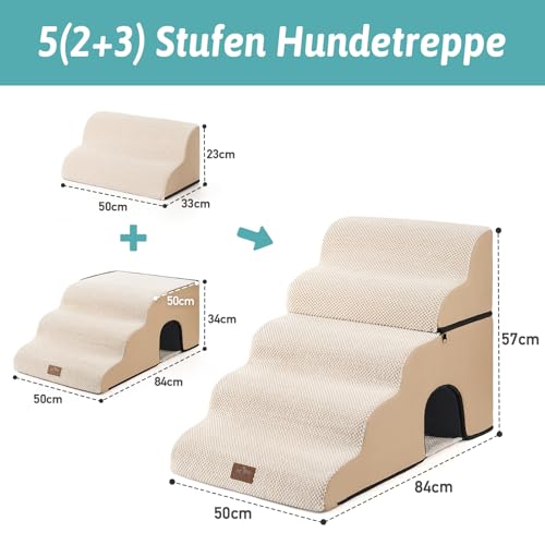 COZY KISS Hundetreppe für Kleine Hunde, Haustiertreppe für Hochbett aus Hochdichtem Schwamm, Hunde Treppe Hunderampe mit Waschbarem Bezug (Beige, 84 × 50 × 57 cm, 5)