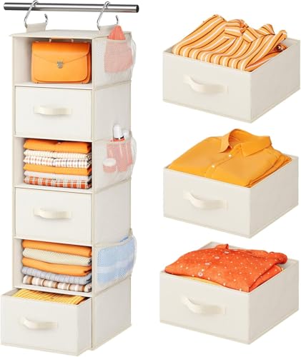 Pipishell Hanging Closet Organizer 6-Shelf, Hanging Shelves for Closet with 3 Removable Drawers & Side Pockets, Hanging Shelf Organizer for Bedroom or Garment Rack, 12'' x 12'' x 43.3'', White