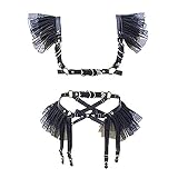 Sexy Handmade Two Piece Set Leather Suspenders for Women (XL, Black)