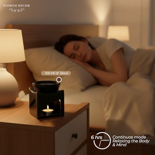 Image of Floryn Decor Ceramic Oil Burner Diffuser for Home & Office | Aroma Oil Burner with Tealight Candle | Ceramic Fragrance Diffuser for Aromatherapy, Relaxation & Home Decor (100ml) (Black)
