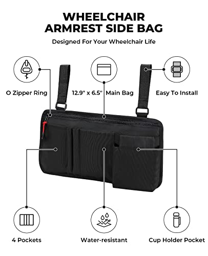 Issyauto Wheelchair Side Bag, Wheelchair Pouch Bag With Cup Holder, Armrest Accessories For Wheelchair, Rollator, Electric Scooter Wheelchairs, Ideal Gift For Mother's Day & Father's Day (Black) #TOP4