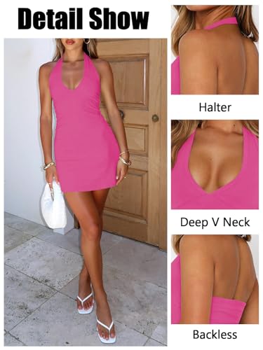 Image of Women's Sexy Halter V Neck Mini Dress for Women Summer Slim Fit Going Out Club Party Bodycon Short Dresses