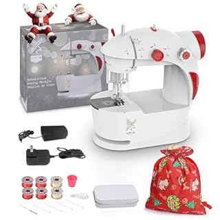 Kids Sewing Machine with Finger Guard and Christmas DIY Bag Material, Mini Electric Sewing Machine with Foot Pedal (Red)