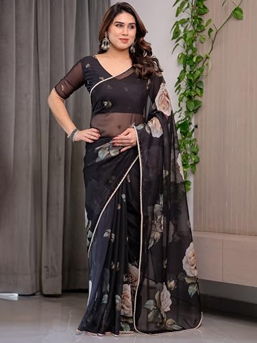 Image of ALMAARI FASHIONWomen's Floral Printed Organza Saree with Unstitched Blouse Piece | Traditional Ethnic Wear Sarees | Soft Lightweight Ethnic Office Wear Daily Wear Indian Sari (ORGANZA 121-130 H)