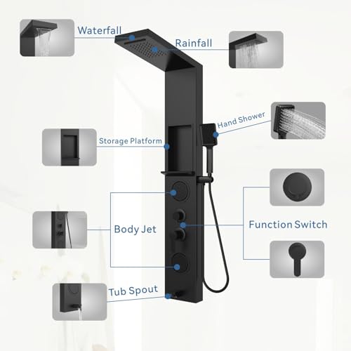 Image of ELLO&ALLO Shower Panel System Tower with Shelf, Rainfall and Waterfall Head Rain Massage Stainless Steel Bathroom Fixtures with Adjustable Body Jets, Black