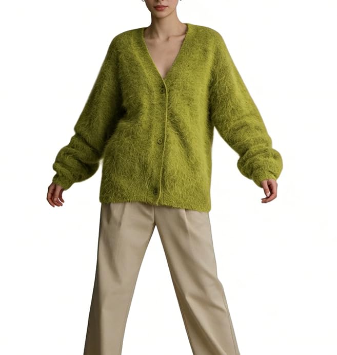 Image of Womens Fuzzy Sweaters Cardigan V-Neck Button Down Oversized Mohair Sweater Casual Y2k 2026 Fall Winter