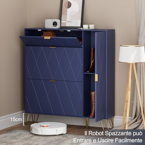 UEV Zapatero Ahorrador de Espacio con 3 Puertas Abatibles, Entrada de Zapatero, Zapater para 16 Pares en Robusta Madera de Construcción, 105 x 24 x 120 cm, Azul