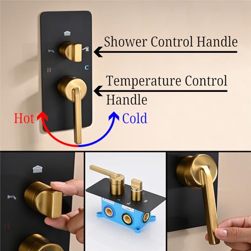 Juego de grifería para ducha negro con acabado oro titanio cepillado, sistema mural con 4 funciones, incluye cabezal de ducha, ducha de mano, grifo para bañera tipo cascada y ganchos para ducha miniatura 6