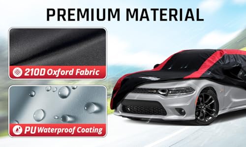Image of Dodge Charger Car Cover Waterproof All Weather with Red Strip Design, Custom Fit for Dodge Charger 2006-2023, Charger Accessory with Door Zipper & Windproof Straps