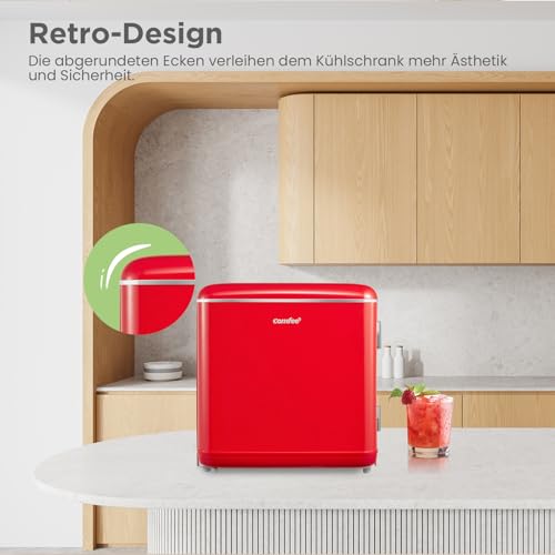 Comfee' RCD50RE2EURT(E) kleiner Kühlschrank, 47 Liter, Retro-Design, Mini-Kühlschrank mit Mono-Tür, einstellbarer Thermostat, leise, geeignet für Zuhause, Büro und Hotel, Rot [Energieklasse E]