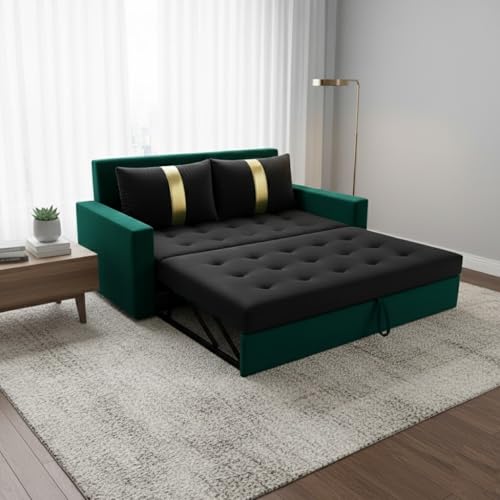 Image of FURNY Tressa 2 Seater Fabric Pull-Out Sofa Cum Bed (Black-Greenish Teal) Premium Velvet Finish | Durable Comfort | Ideal for Living Room