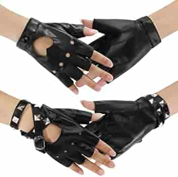 Women Punk Gloves Pu Leather Half Finger Rivets Performance Costume