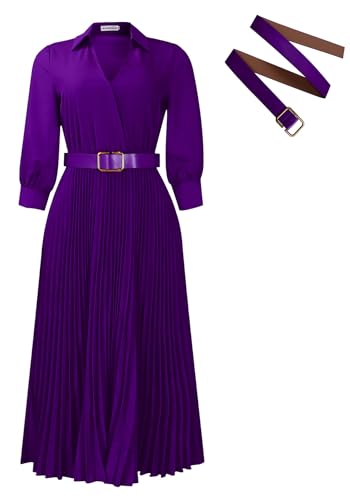 Image of Famnbro Womens Pleated Dress V Neck Long Sleeve A line Church Formal Works Business Dresses with Belt