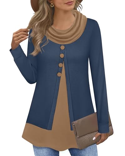 Datuhao Pulli Damen Winter Elegant Arbeitspullover Damen Lang Dünn Warme Pullover Feinstrick Herbst Dunkelblau Pullover mit Schalkragen Longshirt Lässig Sweatshirt Ohne-Kapuze