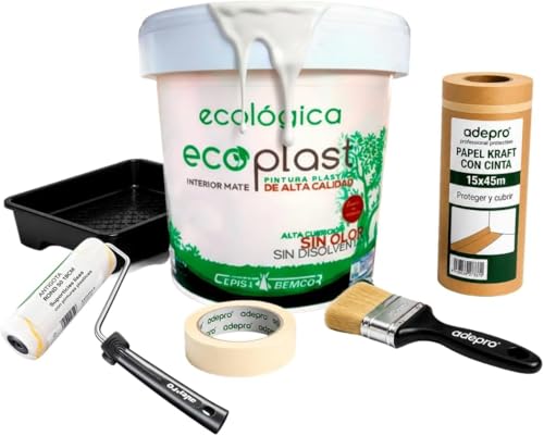 CEPISA Kit Pintura Ecológica Interior Mate – Sin Olor, Base Agua, Alta Cobertura – Incluye Rodillo, Cubeta, Paletina 40mm, Cinta y Papel Kraft Protector – Pintura Blanca Profesional para Paredes