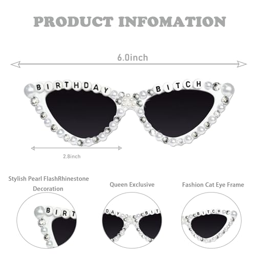 Birthday Girl Sunglasses for Women, White Birthday Bitch Glasses Shiny Bling Diamond Pearl Sunglasses Outfit Decorations for Women Girl Party Gifts Supplies Accessories Favors2