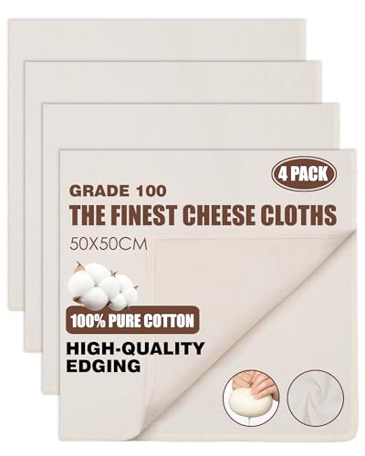 Huglux Passiertuch 4 Stück Käsetuch 50x50cm Passiertuch Ungebleichte Baumwolle Cheesecloth Dichtegrad 100 Waschbar Mulltuch Wiederverwendbar für Tofu Presse Saft Käse Nussmilch Joghurt