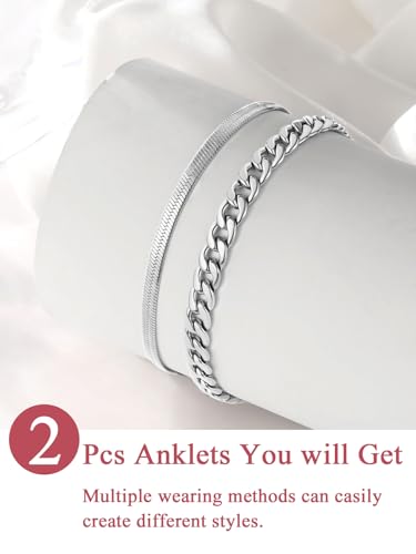 Image of FOCALOOK Anklet Bracelets Set for Women, 14K Gold Plated Waterproof Cuban Link Chain Layered Anklets Set for Plus Size Ankle 8-10.5 Inch Adjustable Summer Beach Jewelry Gift