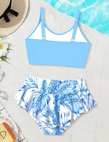 Image of Qaoerde Girls Swimsuit Tropical Print Bikini Set with Ruffle Hem Two Piece Criss Cross Bathing Suits for Girls 7-16 Years