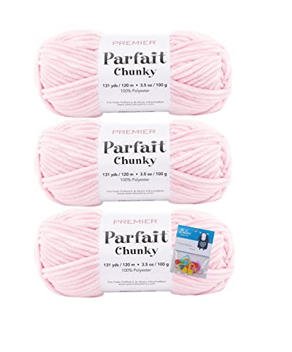 Image of Premier Yarns Parfait Chunky Chenille Yarn 3.5 Oz 6 Super Bulky Weight 3 Pack Bundle with Bella's Stitch Place Holders (Ballet Pink)