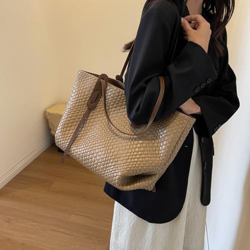 Image of Womens Fashion Luxury Large Leather Woven Leather Tote Handbag Shoulder Bag Women Top Handle Satchel Handbag Work