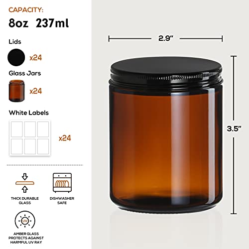 24 Pack, 8 Oz Thick Amber Round Glass Jars With Black Metal Lids - Empty Candle Making Jar, Food Storage Containers, Canning / Mason Jar For Spice, Powder, Liquid, Sample - Leakproof & Dishwasher Safe #TOP1