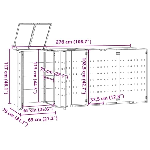 Vidaxl Copribidone Con Ruote 4 Bidoni Antracite 276X79X117Cm Acciaio, Copribidone Da Esterno, Copri Bidone, Copribidone In Metallo - 4