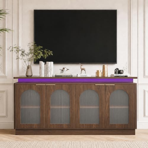 Image of LKTART 65.3 inch Sideboard Buffet Cabinet with Arched Doors LED Lights,Walnut