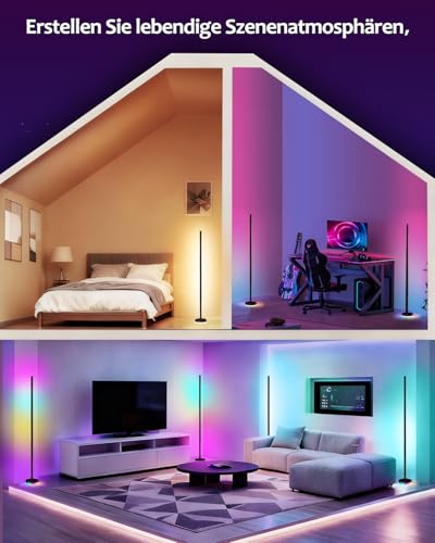 LED Stehlampe Wohnzimmer Dimmbar RGBIC - 140cm Smart Modern Stehlampe mit Fernbedienung und APP, 16 Millionen Farben, Musikmodi, DIY-Modus, Floor Lamp für Schlafzimmer, Gaming-Zimmer, Schwarz