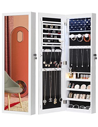 Nicetree 6 LEDs Jewelry Armoire with Mirror with 3 Exclusive Improvements, 4.2 D Lockable Mirror with Jewelry Storage, Door Wall Mounted Jewelry Organizer Mirror, Acrylic Cover, White