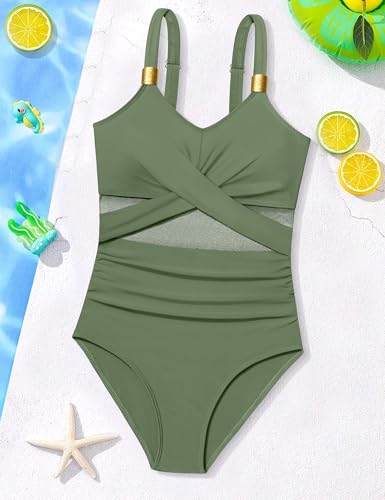 Image of Girls Swimsuit Criss Cross One Piece Swimsuits Wrap Tie Back Sheer Mesh Bathing Suit with Gold Metal Swimwear 9-16Y