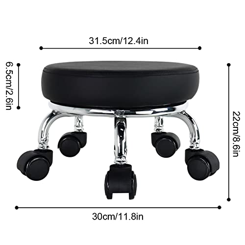 WKWKER Modern Roller Seat PU Leather Low Round Rolling Stool 360° Swivel Small Seat with Universal Wheels Foot Stool for Home Office Garage Shop Fitness Sport H：8.6" （Black） by WKWKER - Image 2